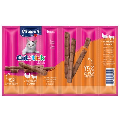 Vitakraft CatStick classic, 6 sticks, turkey & lamb, sugar-free recipe, grain-free, 95% extra meaty.